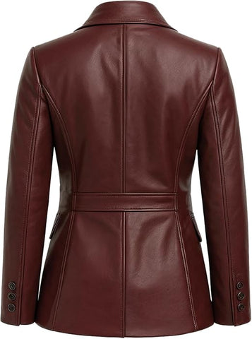 A dark burgundy leather blazer shown from the back, featuring a structured collar, a defined waist belt, and button details on the cuffs, set against a plain white background.