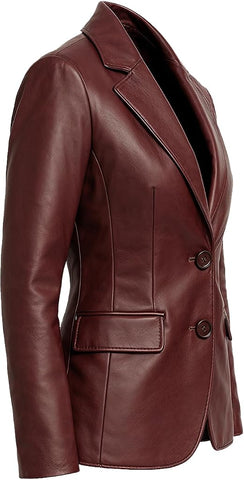 Women’s Burgundy Leather Blazer – Classic Two-Button Tailored Jacket