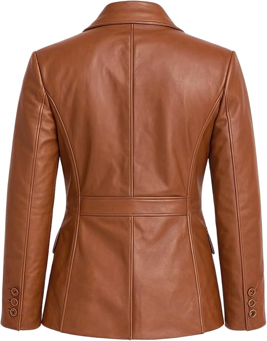A brown leather blazer shown from the back, featuring a structured collar, seam detailing, and a matching waist belt, set against a plain white background.