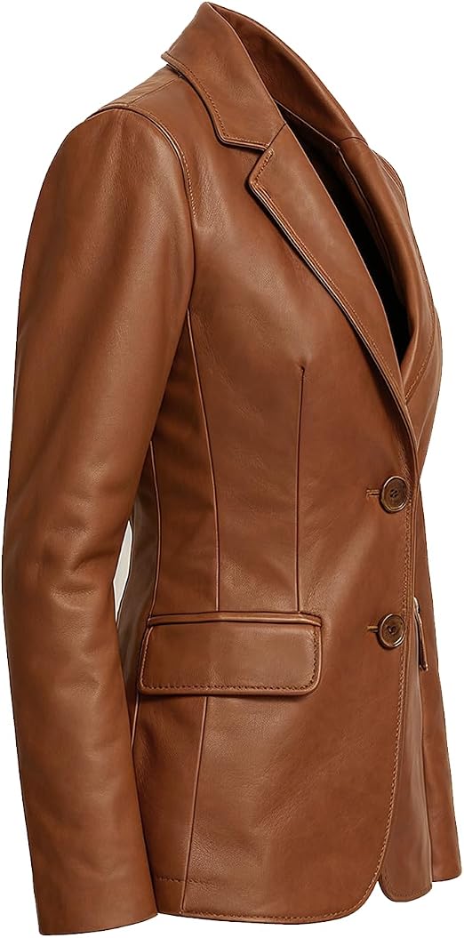 A cropped view of a tan-brown leather blazer jacket, showing the lapels, front buttons, and side pocket against a plain white background.