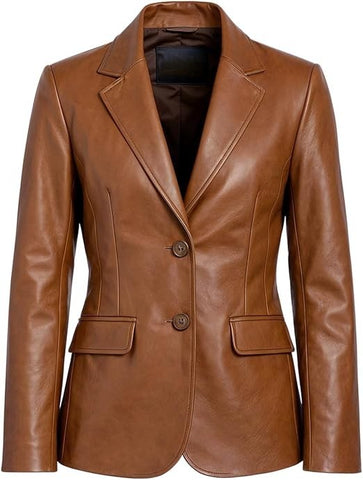 A brown faux-leather blazer jacket with notch lapels, two front buttons, and flap pockets, shown on a plain white background.