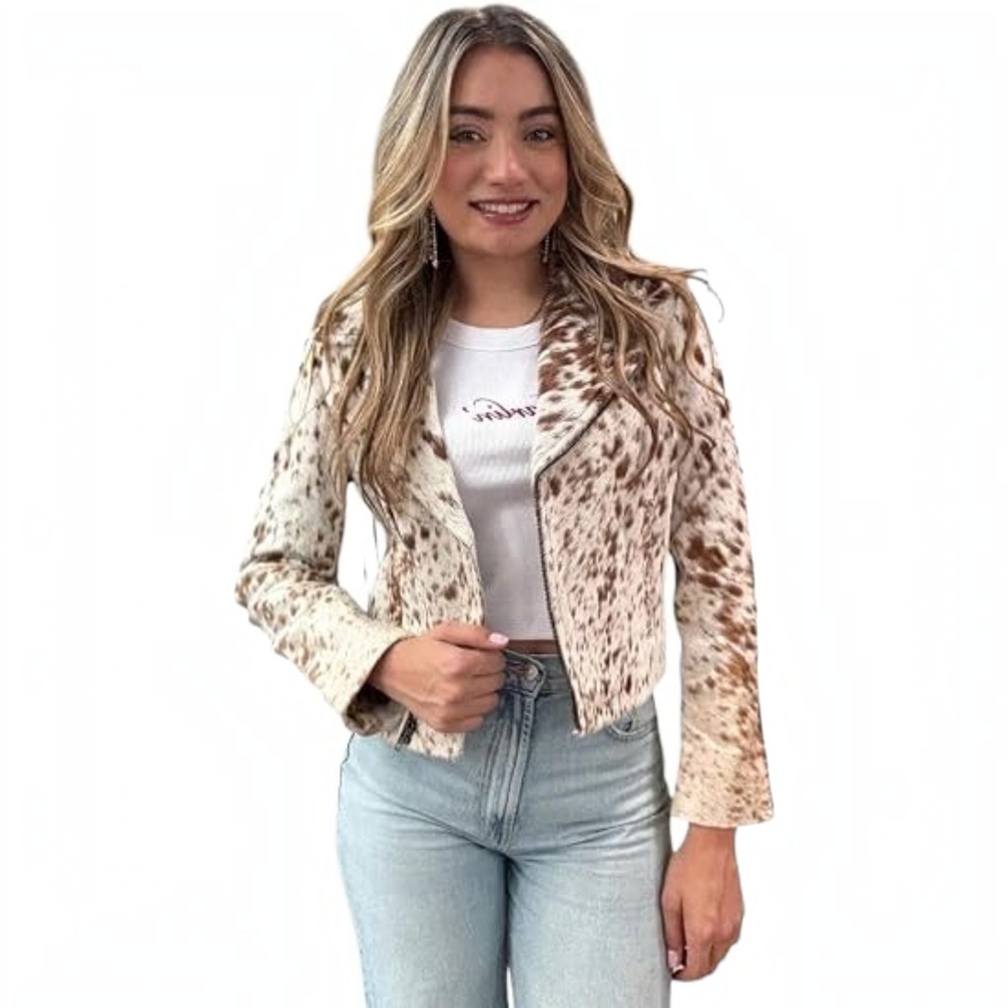 A woman modeling a cropped, long-sleeve leopard-print jacket over a white ribbed top and light-wash blue jeans, set against a plain white background.