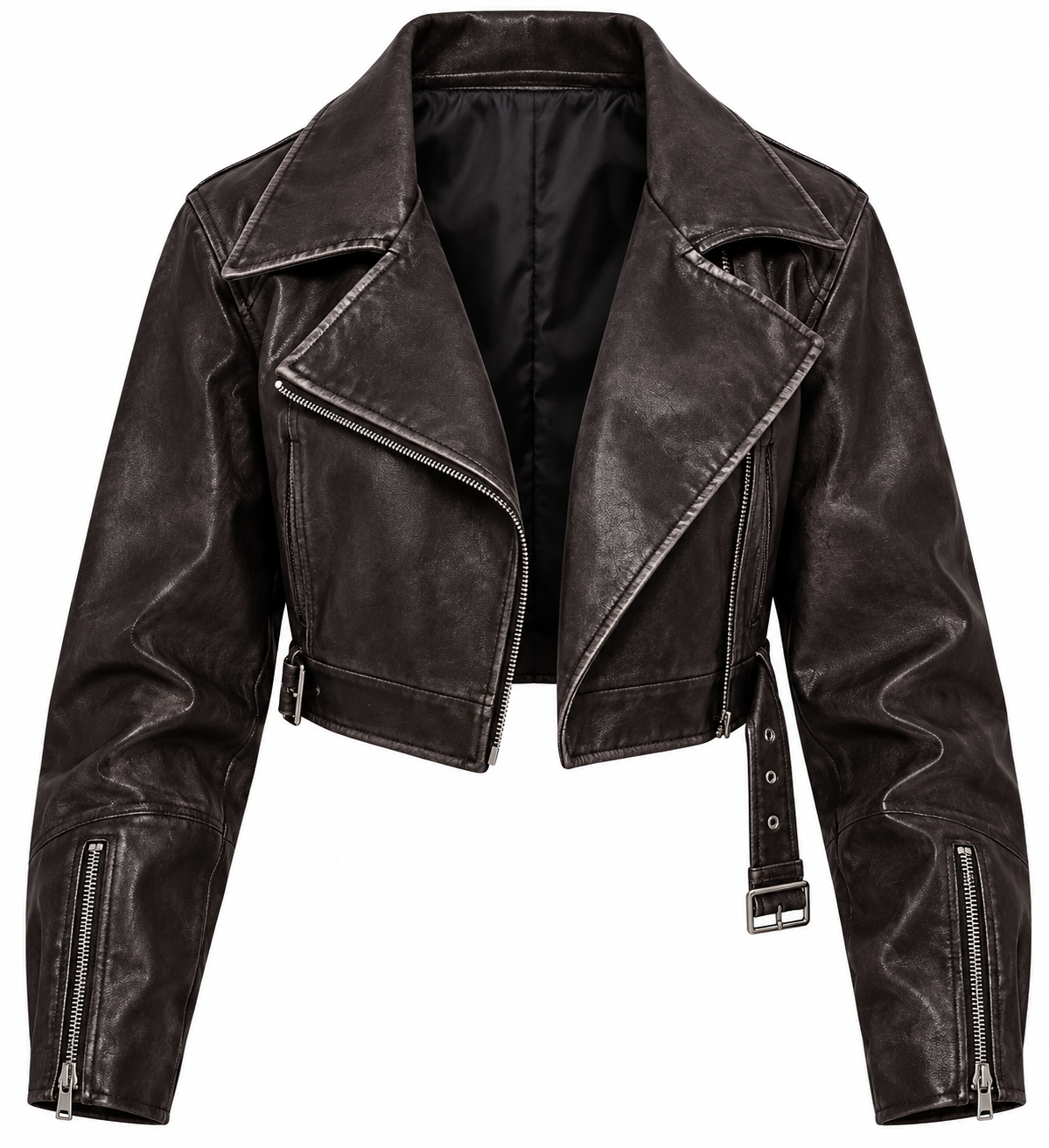 Women’s Dark Brown Cropped Genuine Leather Biker Jacket 