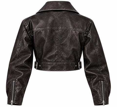 A cropped black faux-leather moto jacket shown from the back, featuring a high collar, a belted waist with silver-tone snap buttons, and zippered cuffs, set against a plain white background.