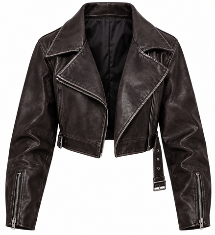 Women’s Dark Brown Cropped Genuine Leather Biker Jacket 