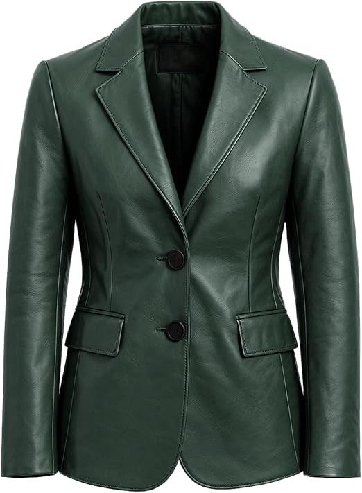 A dark green faux-leather blazer jacket with notched lapels, two black buttons, and flap pockets, shown against a plain white background.
