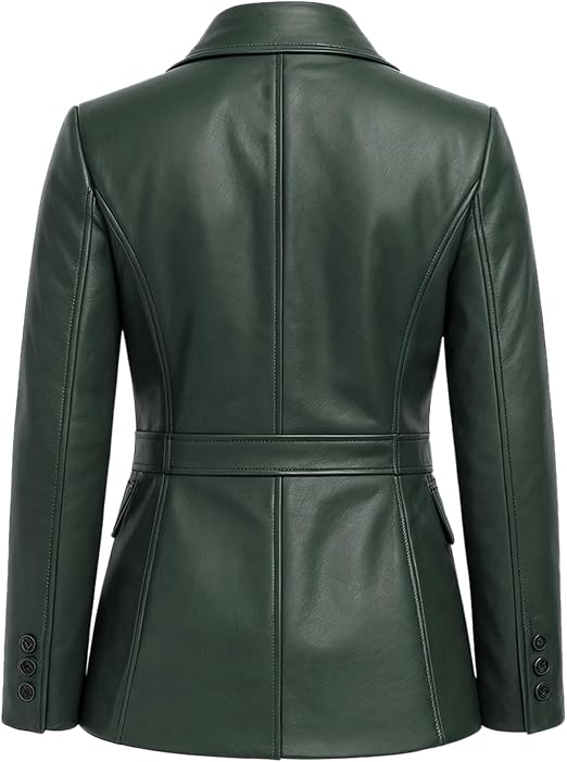 A dark green faux-leather blazer shown from the back, featuring a structured collar, a defined waist belt, and button details on the cuffs.