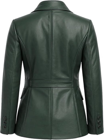 A dark green faux-leather blazer shown from the back, featuring a structured collar, a defined waist belt, and button details on the cuffs.