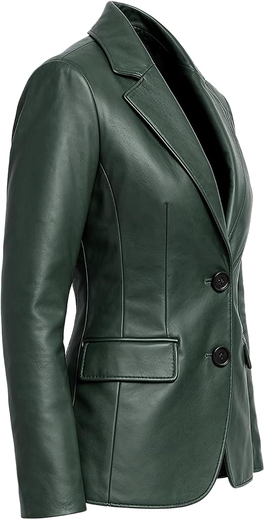 A navy blue faux leather blazer jacket with notch lapels, two dark buttons, and a welt pocket, shown on a white background.