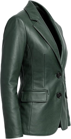 A navy blue faux leather blazer jacket with notch lapels, two dark buttons, and a welt pocket, shown on a white background.