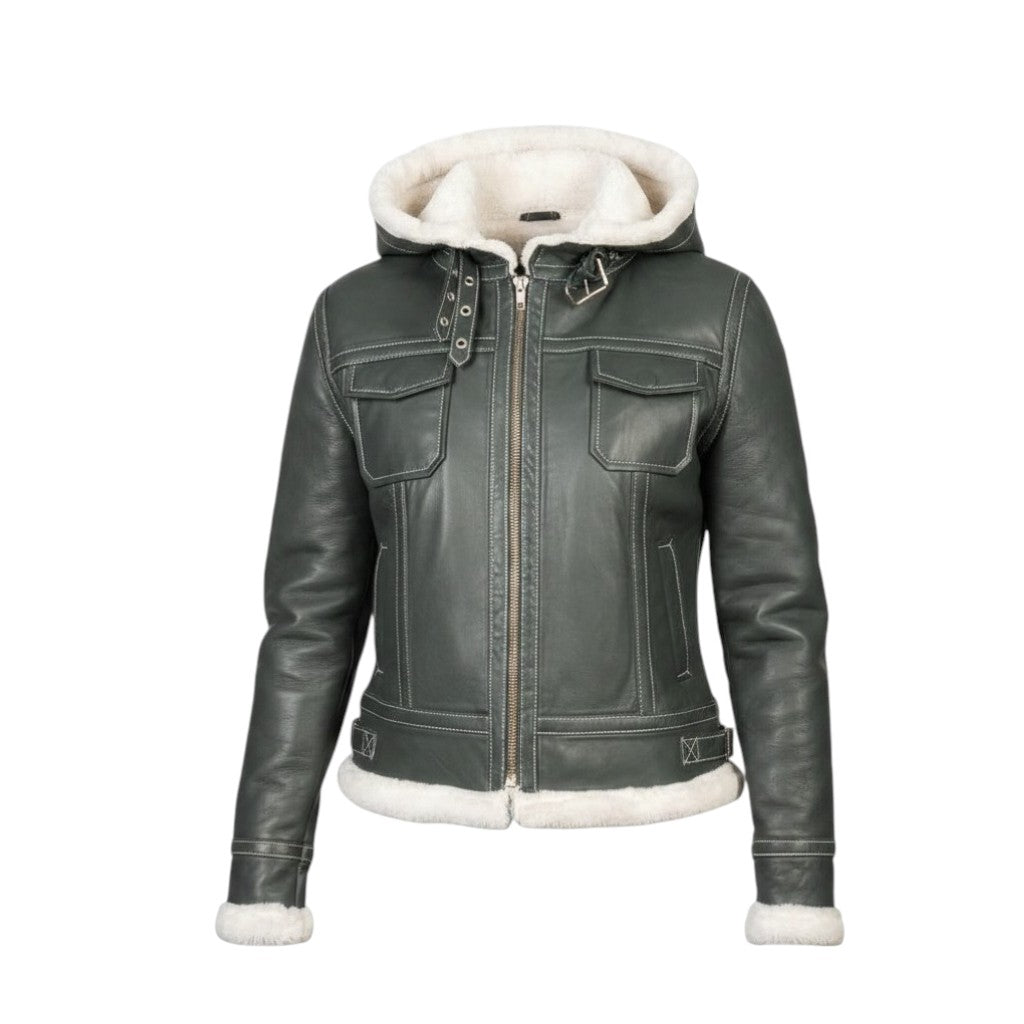 Green leather jacket with white fur lining on a white background