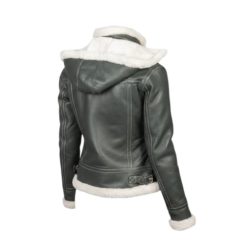 Green leather jacket with white fur lining on a white background