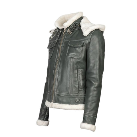 Green leather jacket with white fur lining on a white background