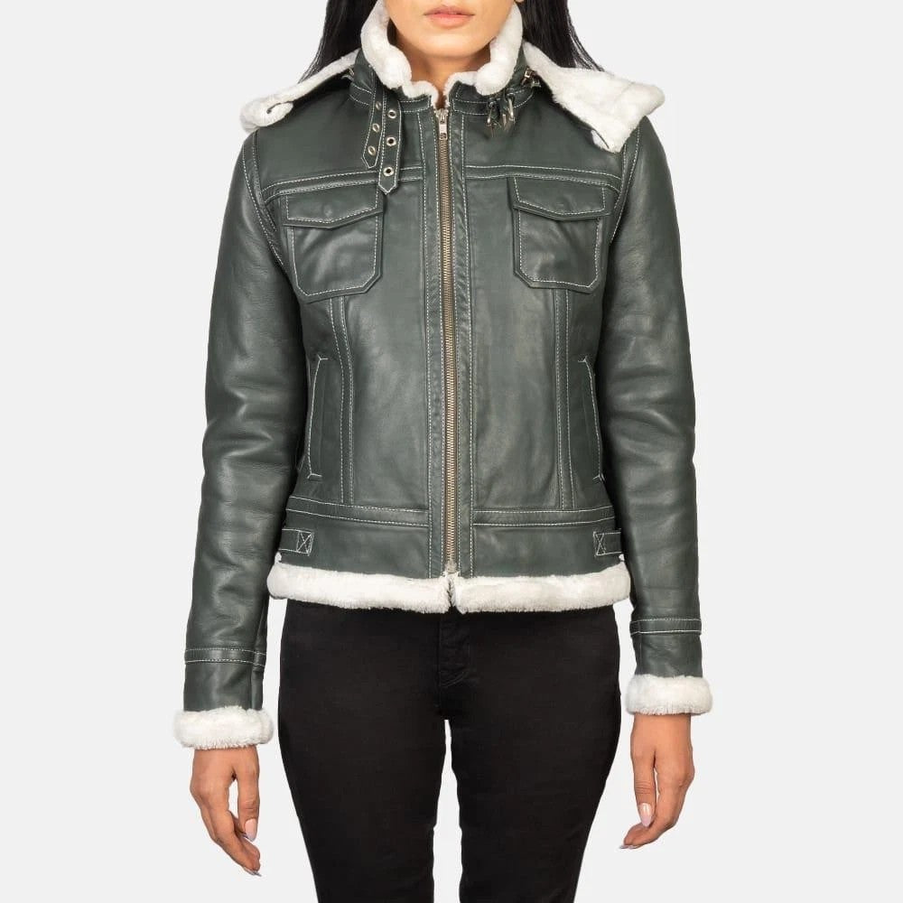 Green leather jacket with white fur trim on a white background