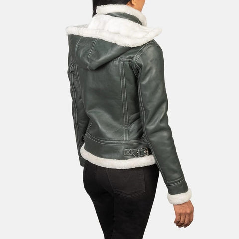 Green leather jacket with white fur lining on a white background