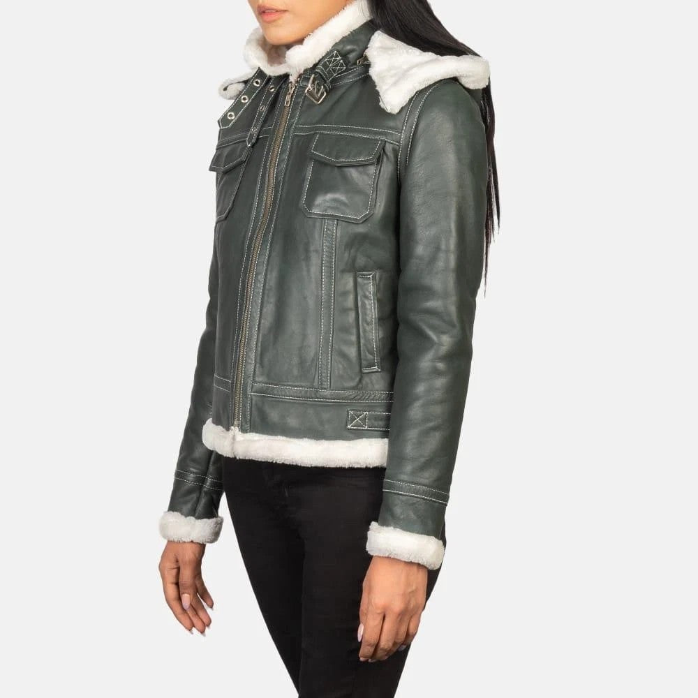 Green leather jacket with white fur trim on a white background