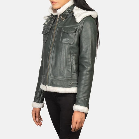 Green leather jacket with white fur trim on a white background