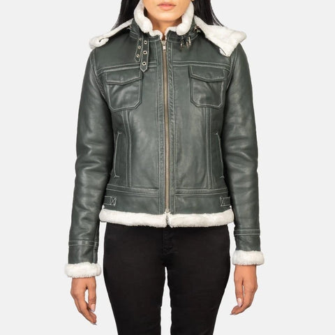 Green leather jacket with white fur trim on a white background