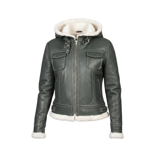 Green leather jacket with white fur lining on a white background