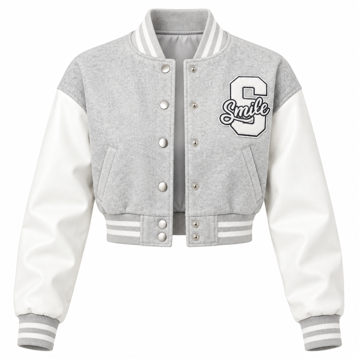 A light gray and white varsity jacket with a large embroidered letter 'C' and the word 'Smile' on the left chest, shown against a plain white background.