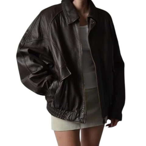 Fit to lead Traders brown genuine leather bomber jacket with ribbed cuffs and hem, 90s oversized silhouette.