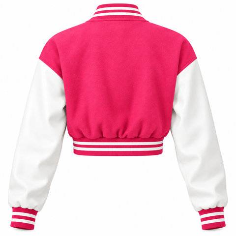A cropped varsity jacket shown from the back, featuring a bright pink body and white sleeves with pink and white striped ribbed trim.