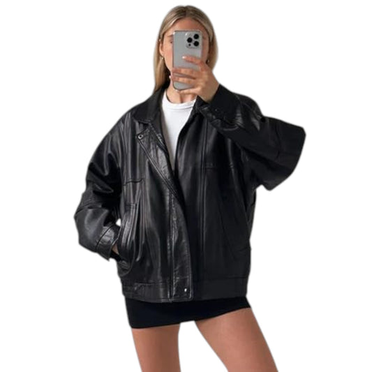 Person wearing a black leather jacket on a white background