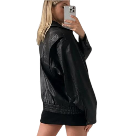 Person wearing a black leather jacket on a white background