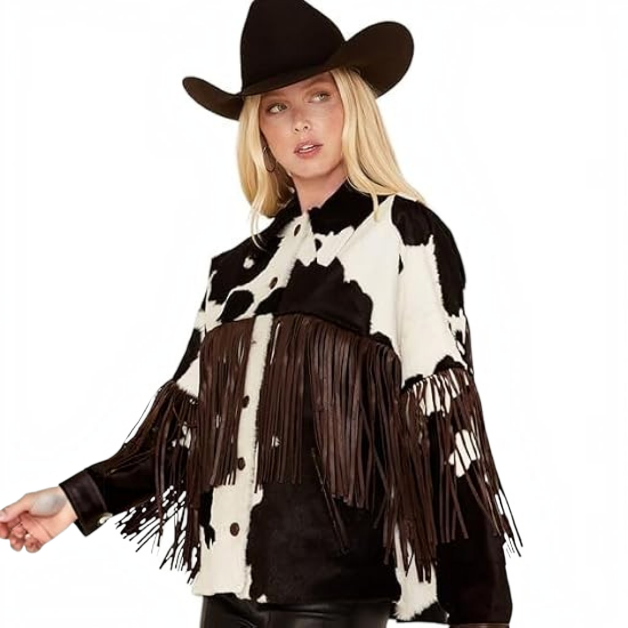 Women's Real Hair-On Cowhide Leather Western Fringe Jacket