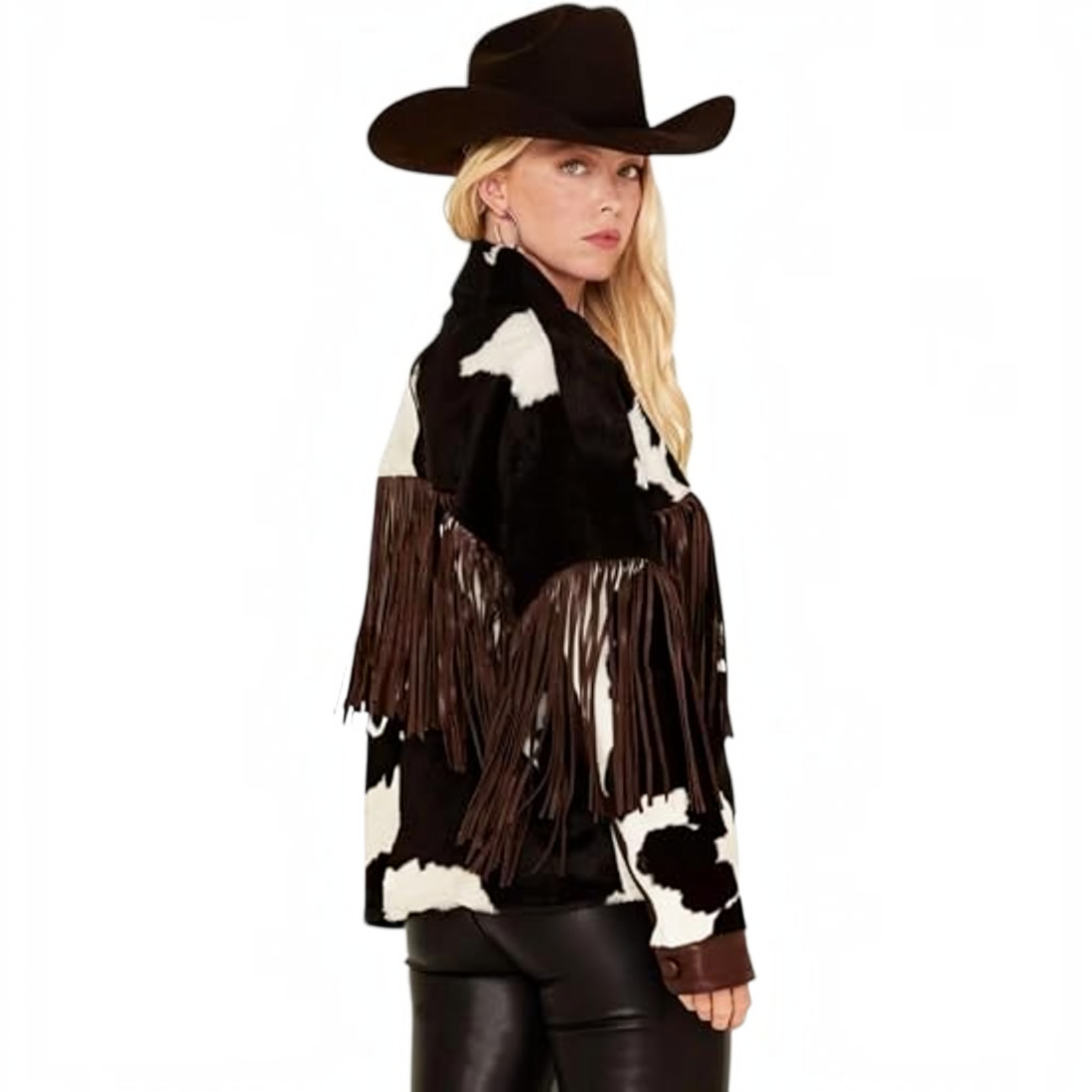 Women's Real Hair-On Cowhide Leather Western Fringe Jacket