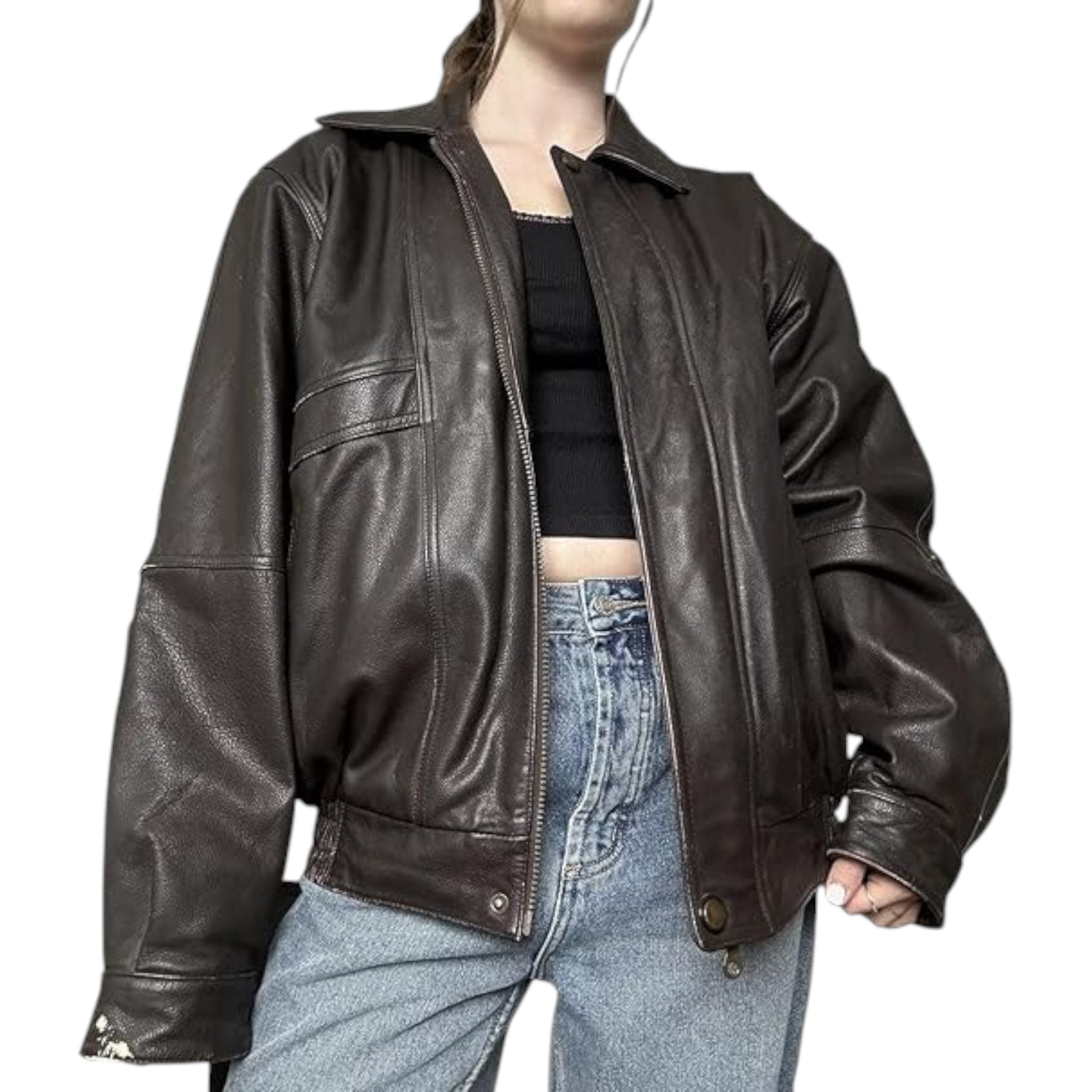 Person wearing a brown leather jacket and blue jeans on a white background