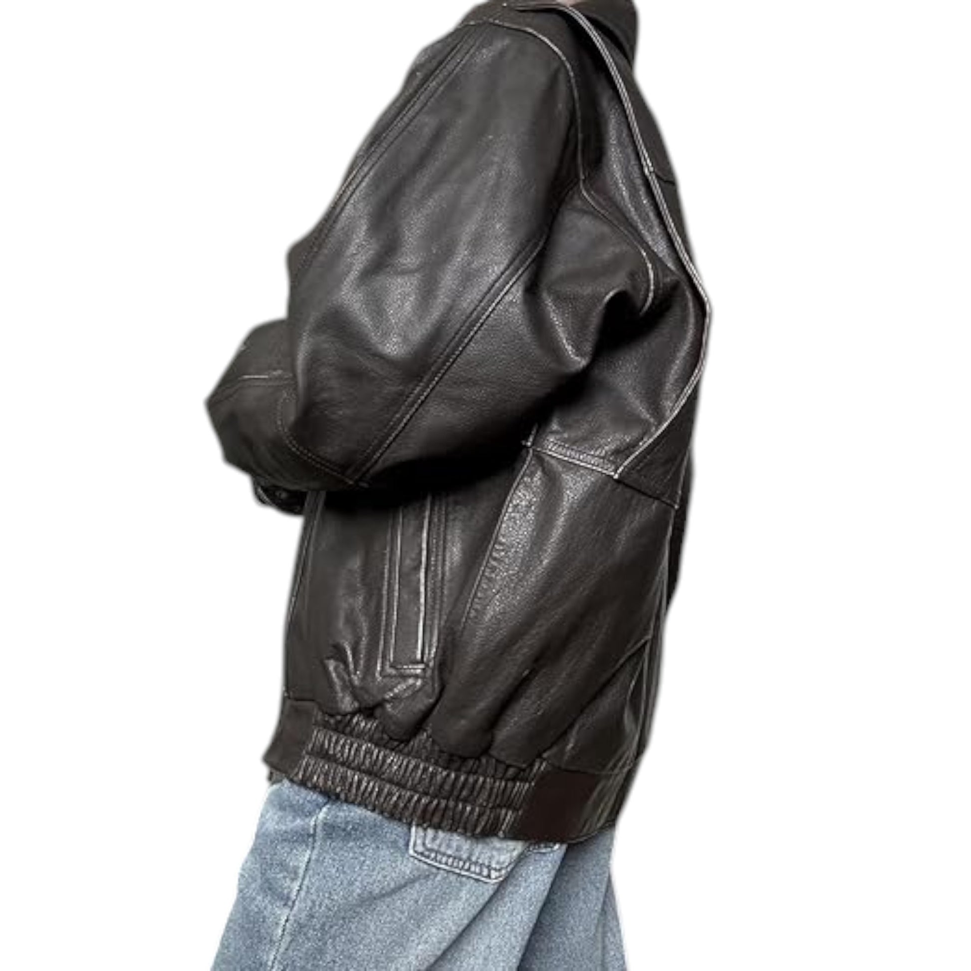 Black leather jacket worn by a person on a white background