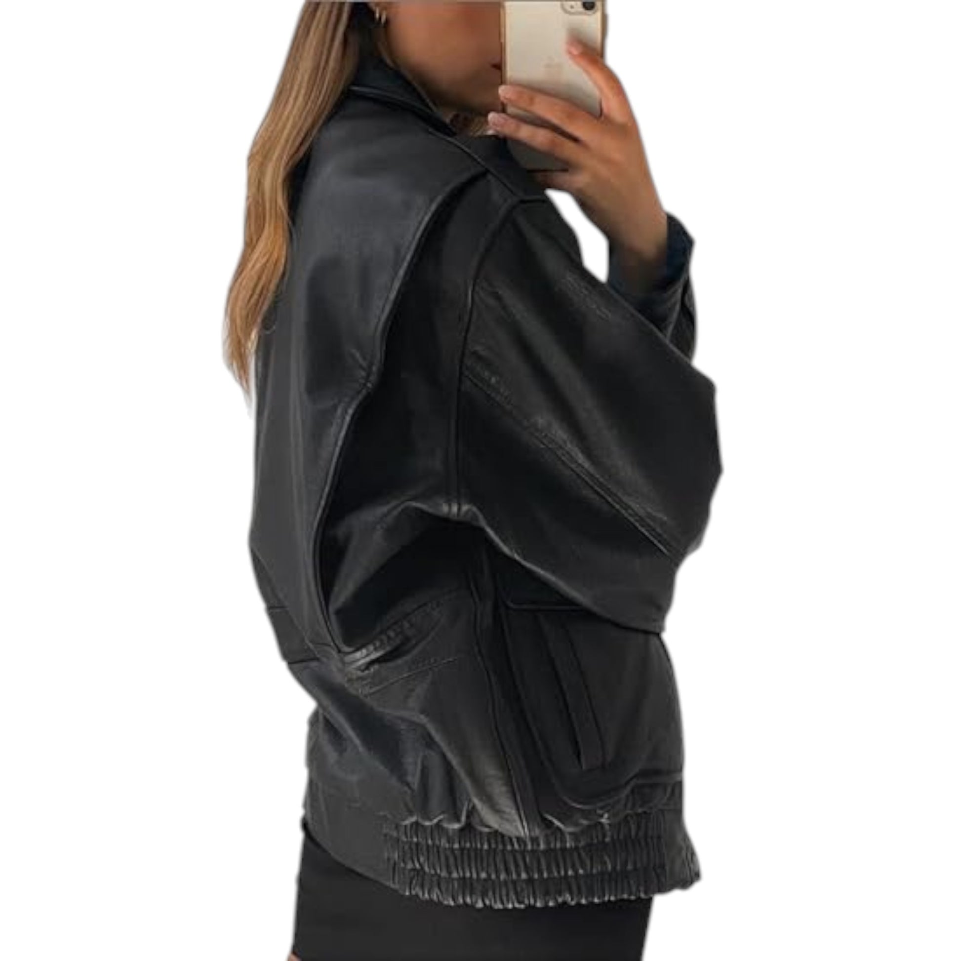 Person wearing a black jacket with a white background