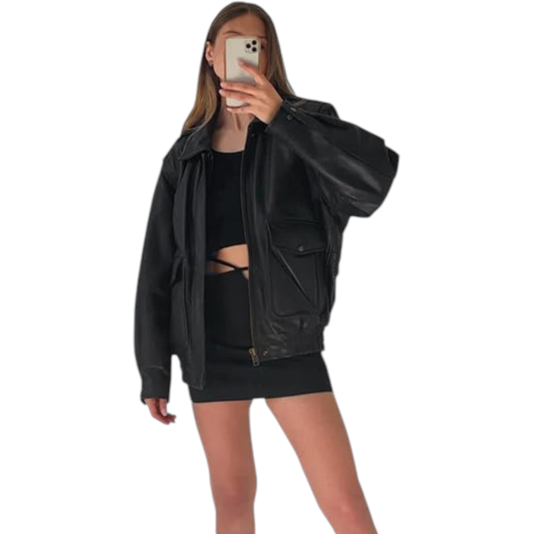 Person wearing a black leather jacket and black outfit on a white background