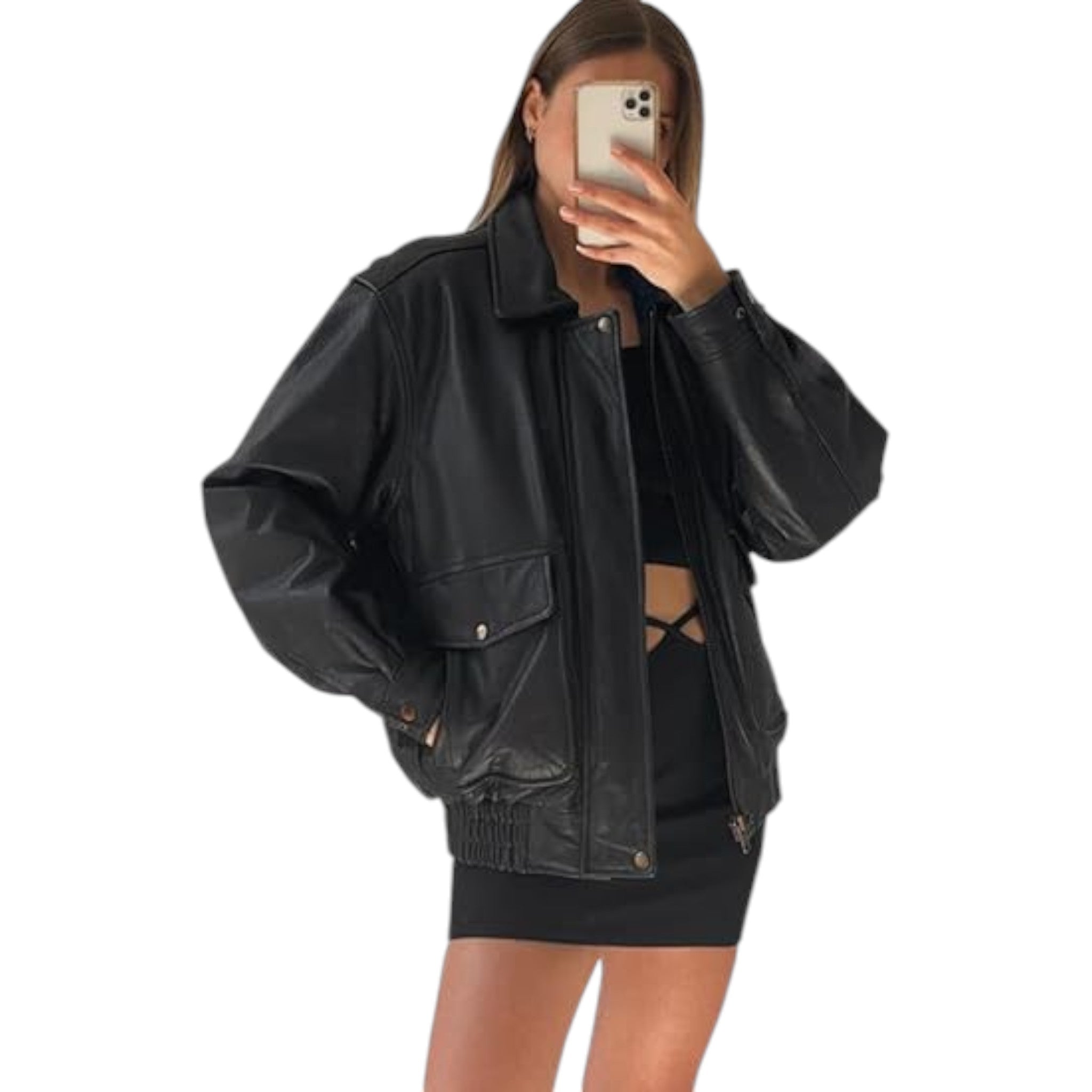 Person wearing a black leather jacket on a white background