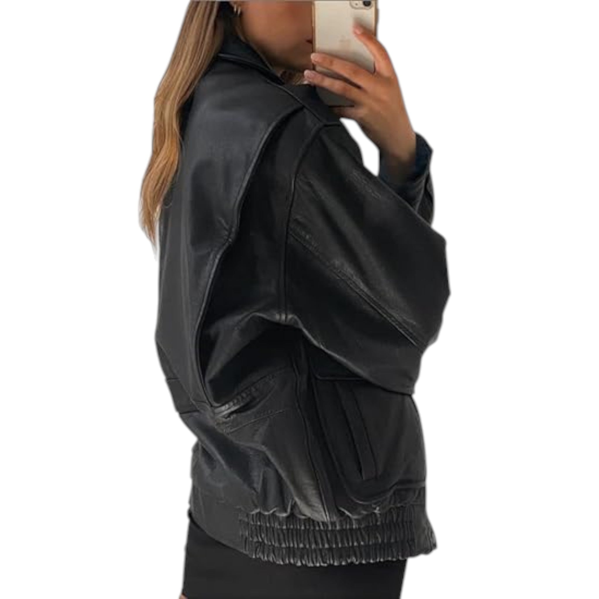 Person wearing a black jacket with a white background