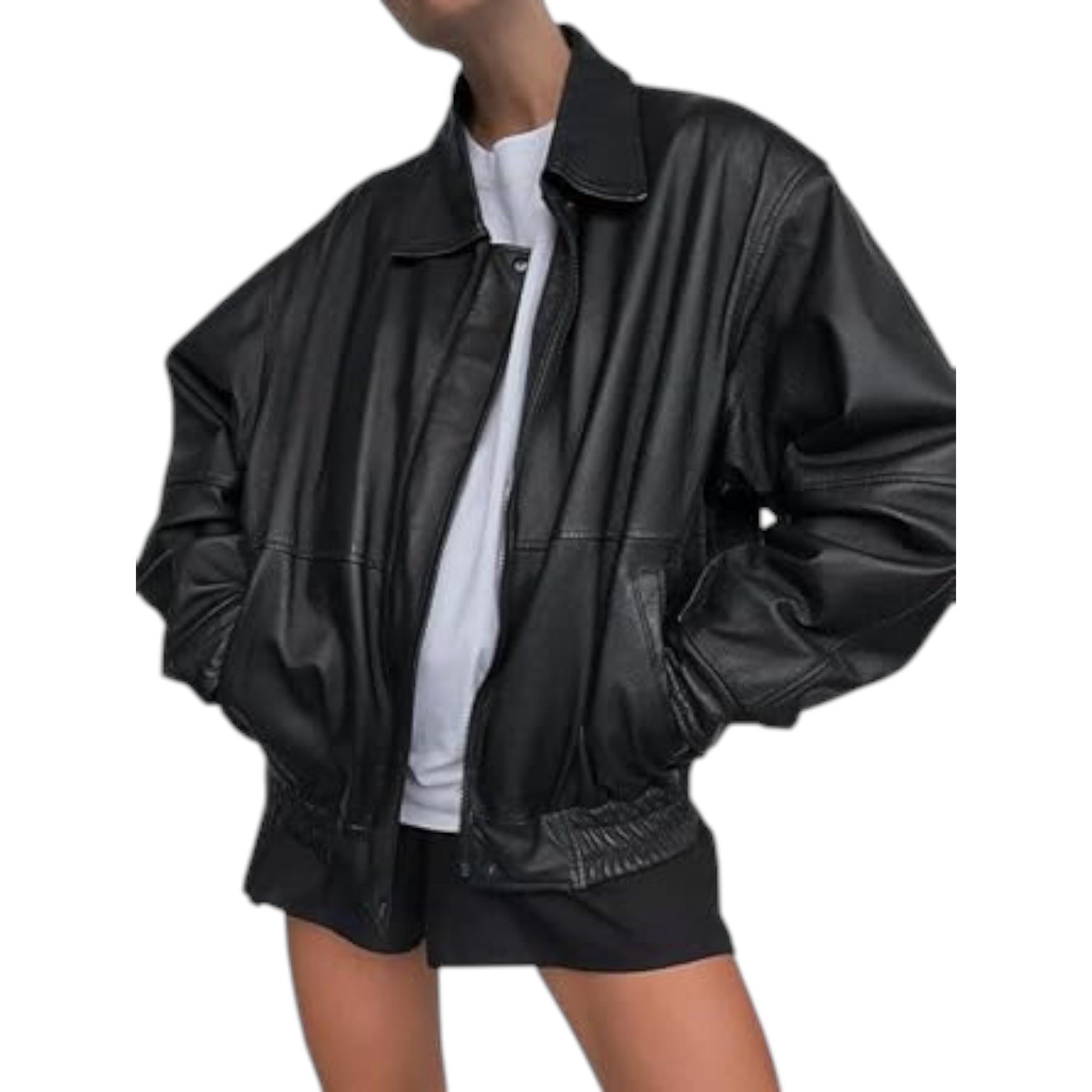 Black leather jacket worn by a person on a white background