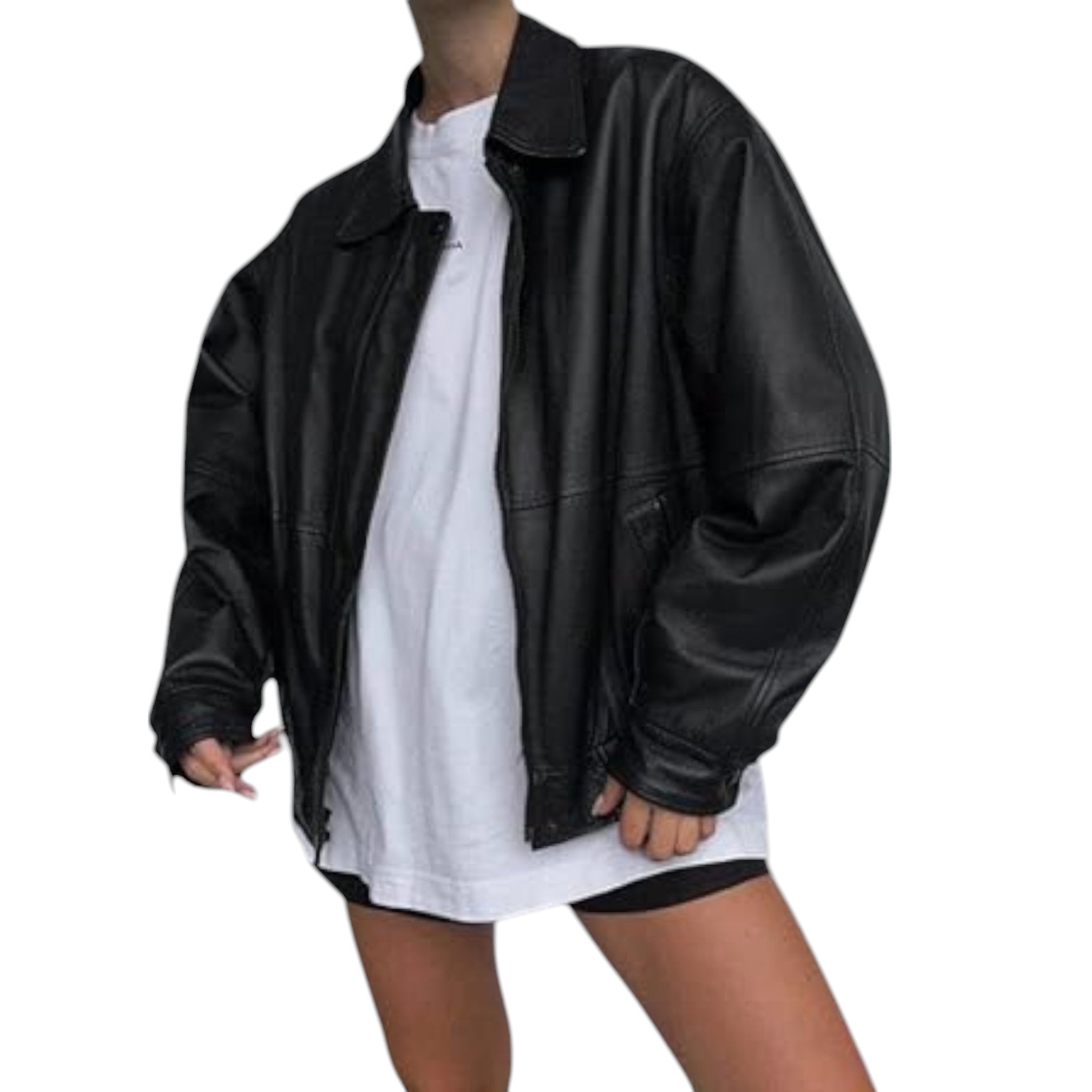 Person wearing a black leather jacket over a white shirt on a white background