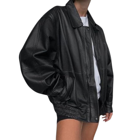 Black leather jacket worn by a person on a white background