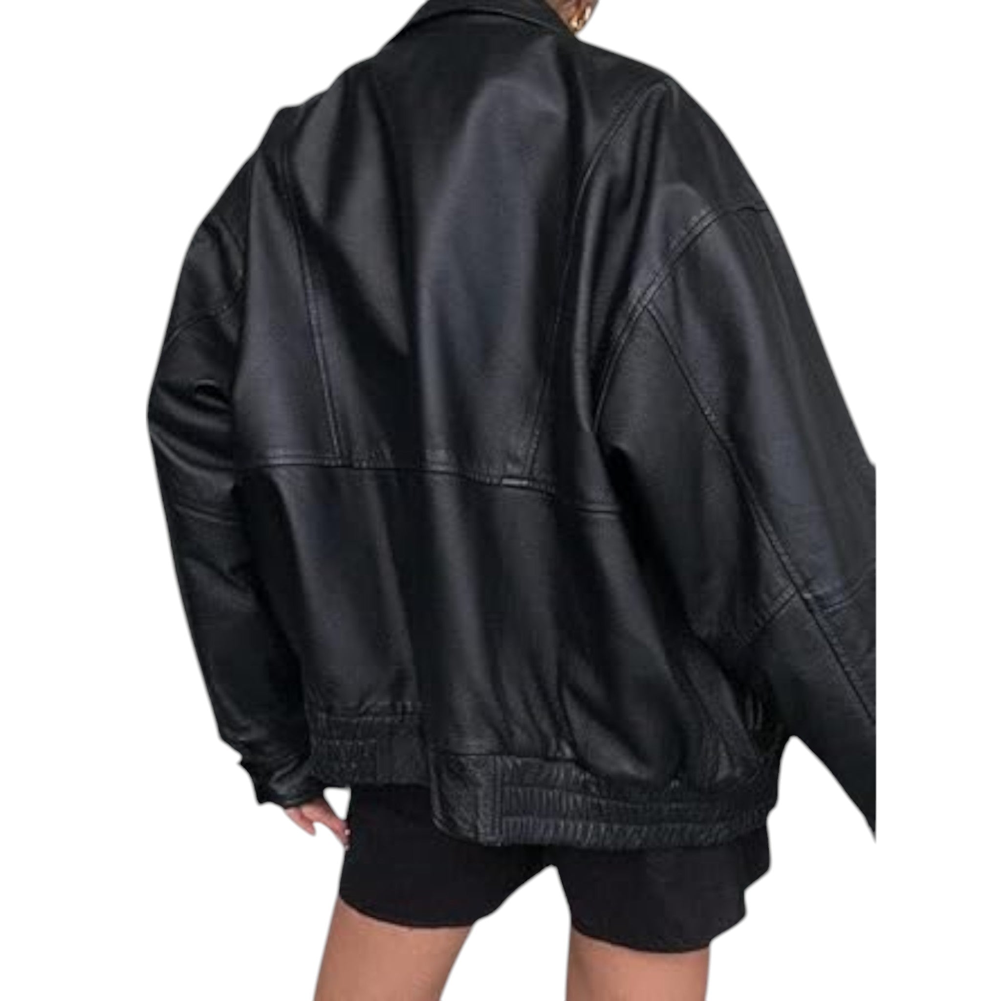 Black leather jacket worn by a person on a white background