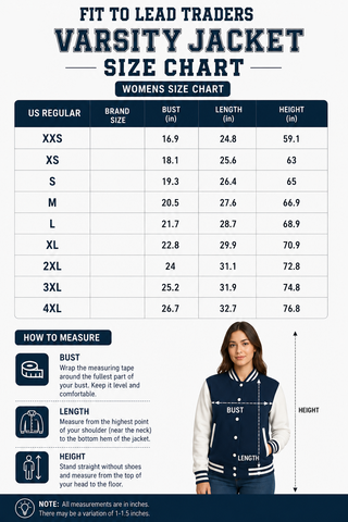 A women's size chart infographic for a varsity jacket, titled 'FIT TO LEAD TRADERS VARSITY JACKET SIZE CHART'. The chart lists sizes XXS through 4XL with bust, length, and height measurements in inches and centimeters.
