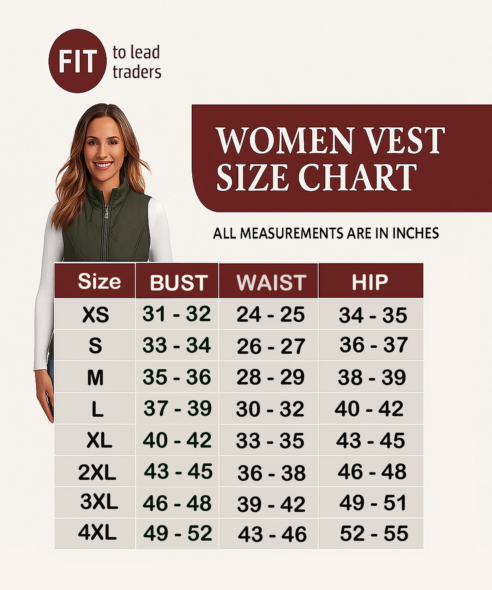Women's vest size chart with a model and measurement details.