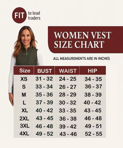 Women's vest size chart with a model and measurement details.