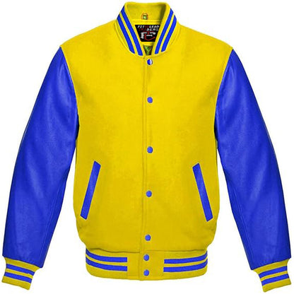 A multicolor varsity style jacket with a black wool body and royal blue leather sleeves, featuring a full front snap button closure and ribbing on cuffs, collar, and hem.