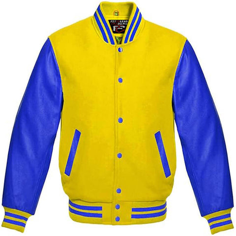 Multicolor Wool Varsity Jacket in Royal Blue Leather Sleeves
