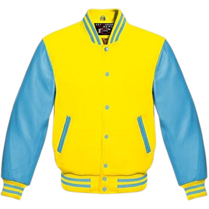 Multicolor Wool Varsity Jacket Genuine Sky Leather Sleeves Streetwear