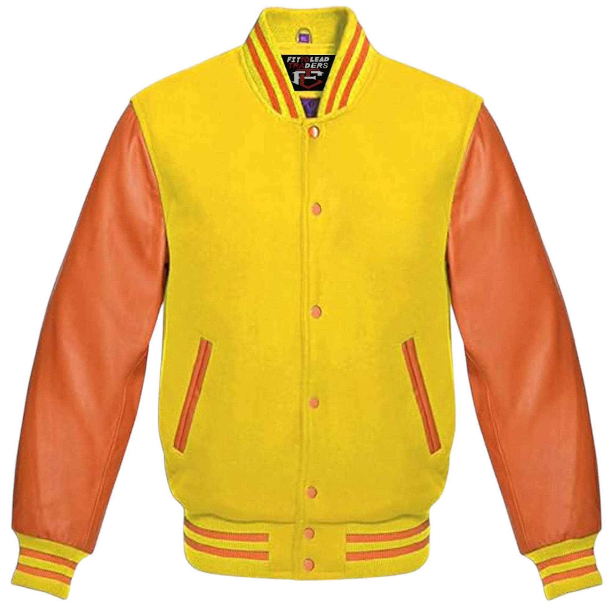 Unisex Varsity Jacket Wool Body with Orange Leather Sleeves