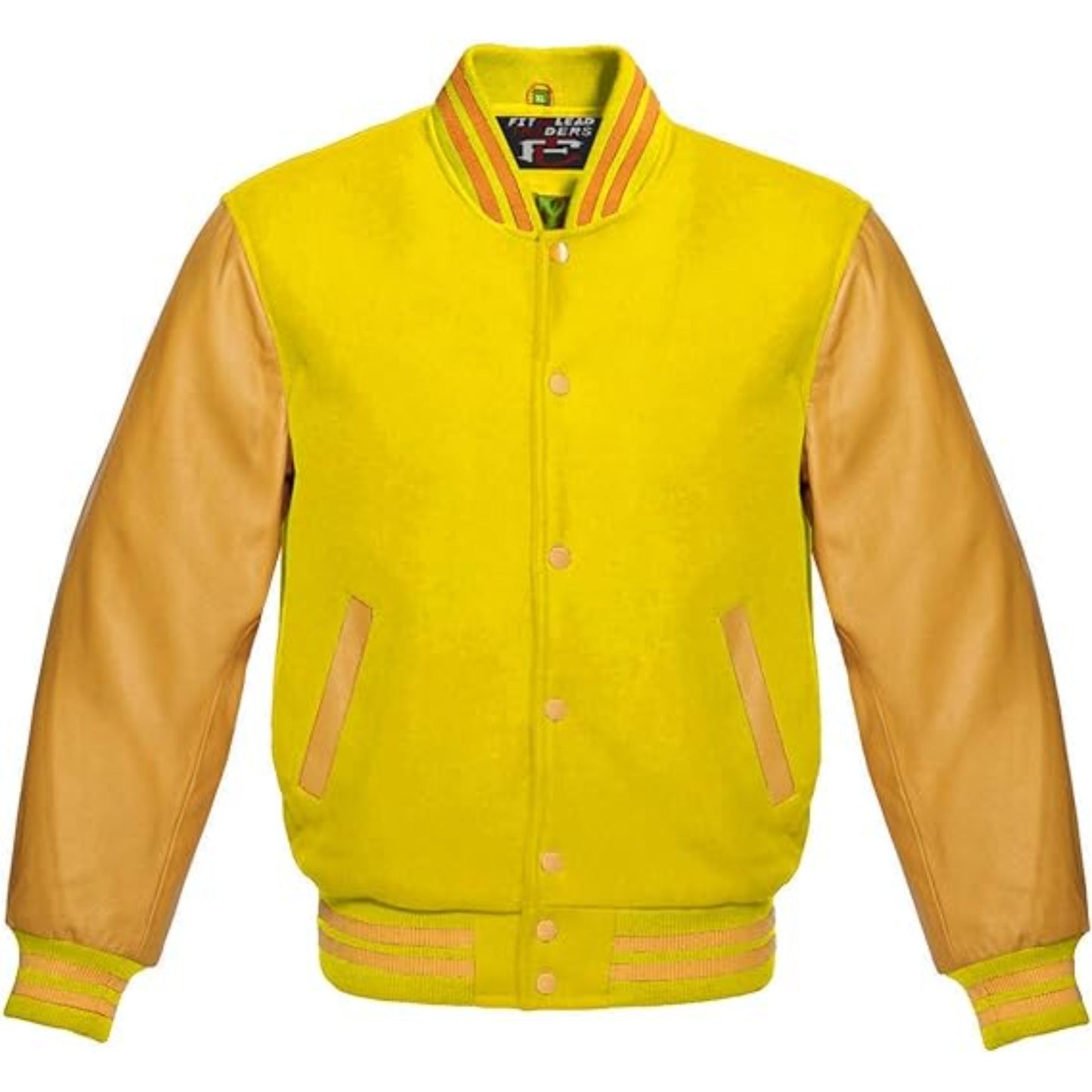 Yellow and beige varsity jacket with leather sleeves on a white background