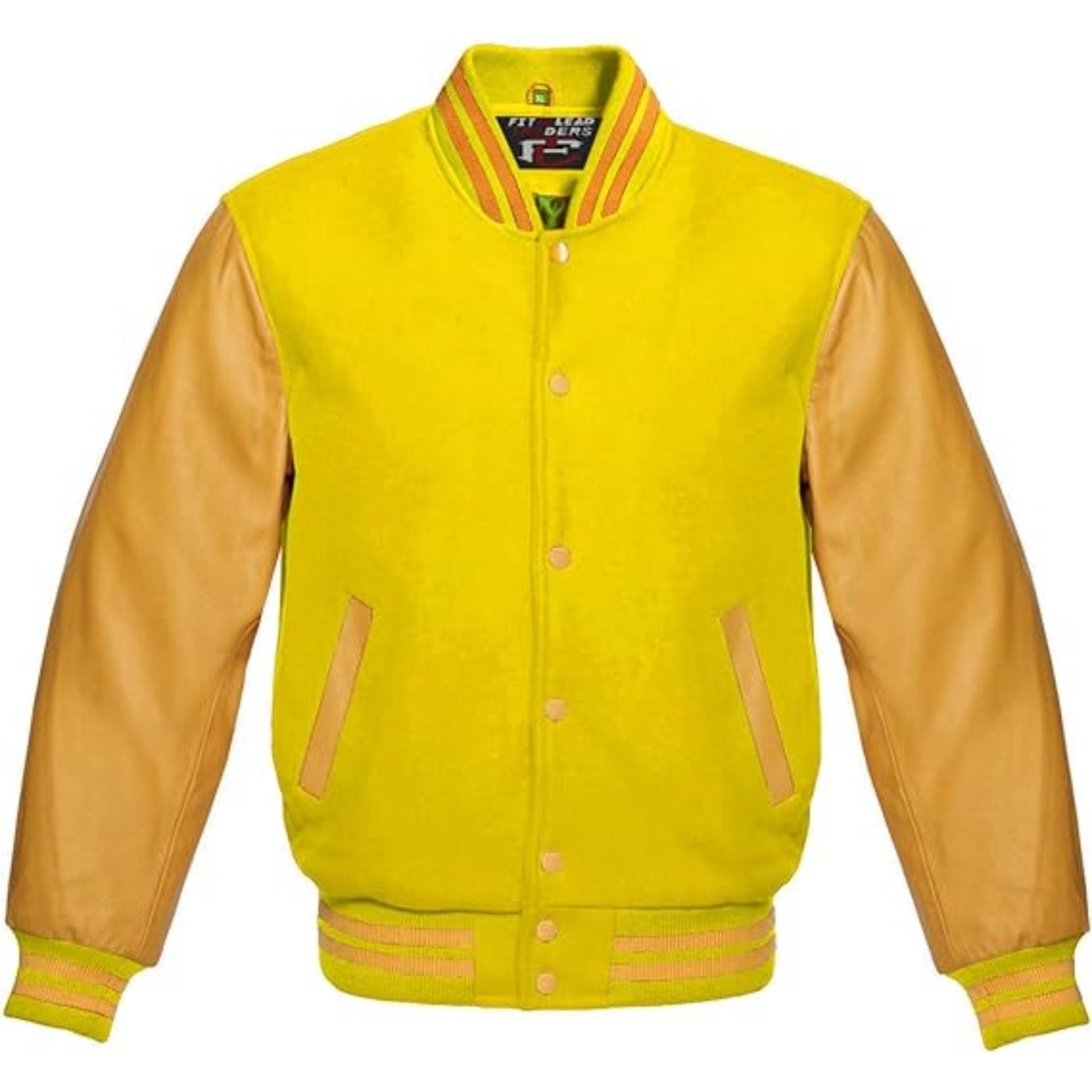 Yellow and beige varsity jacket with leather sleeves on a white background