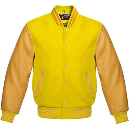 Yellow and beige varsity jacket with leather sleeves on a white background